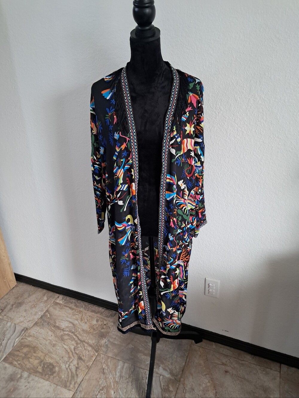 Meigunyijia Duster OS Black With Colorful Bird Floral Print Fringe Sheer Artsy